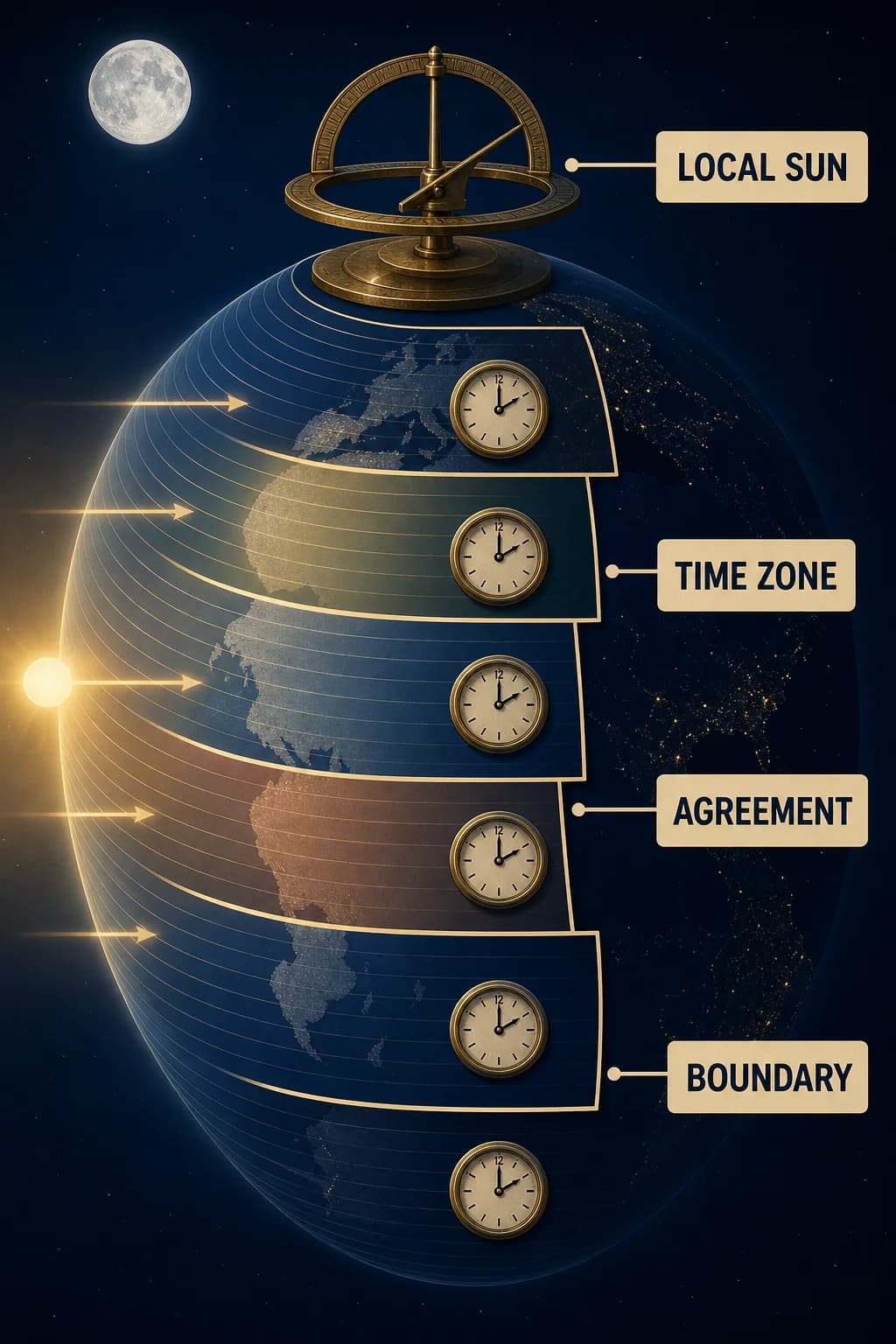 A continuous gradient of local solar time is overlaid by several broad step-shaped zones; clocks agree inside each zone while a boundary carries the abrupt change.