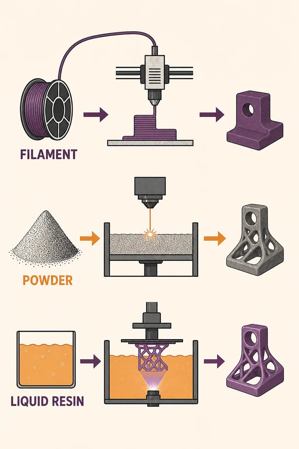 A comparison separates material extrusion, powder-bed fusion, and vat photopolymerization by feedstock and energy source.