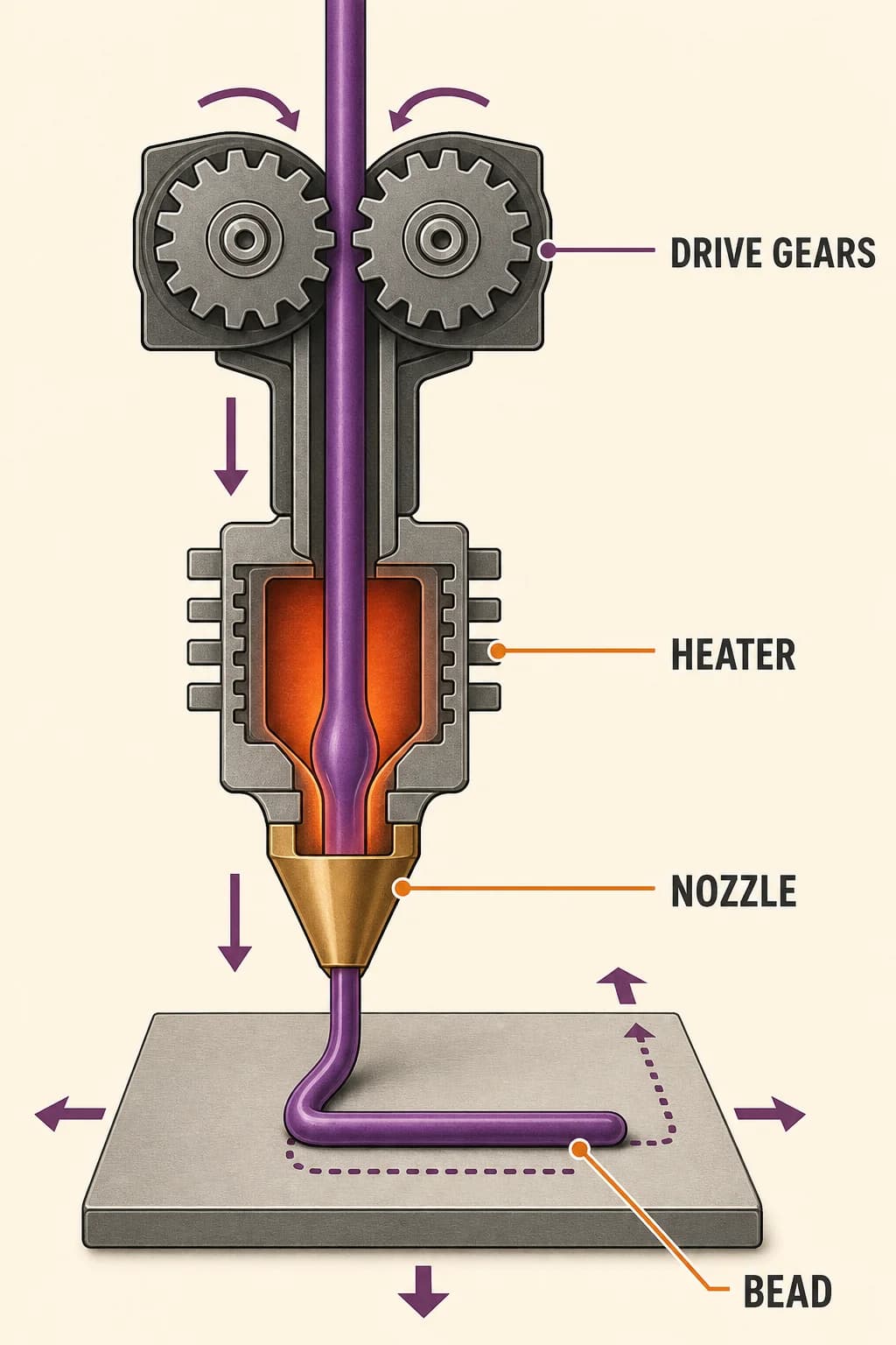 Drive gears push filament through a heated nozzle while coordinated X-Y motion lays one softened bead onto the build surface.