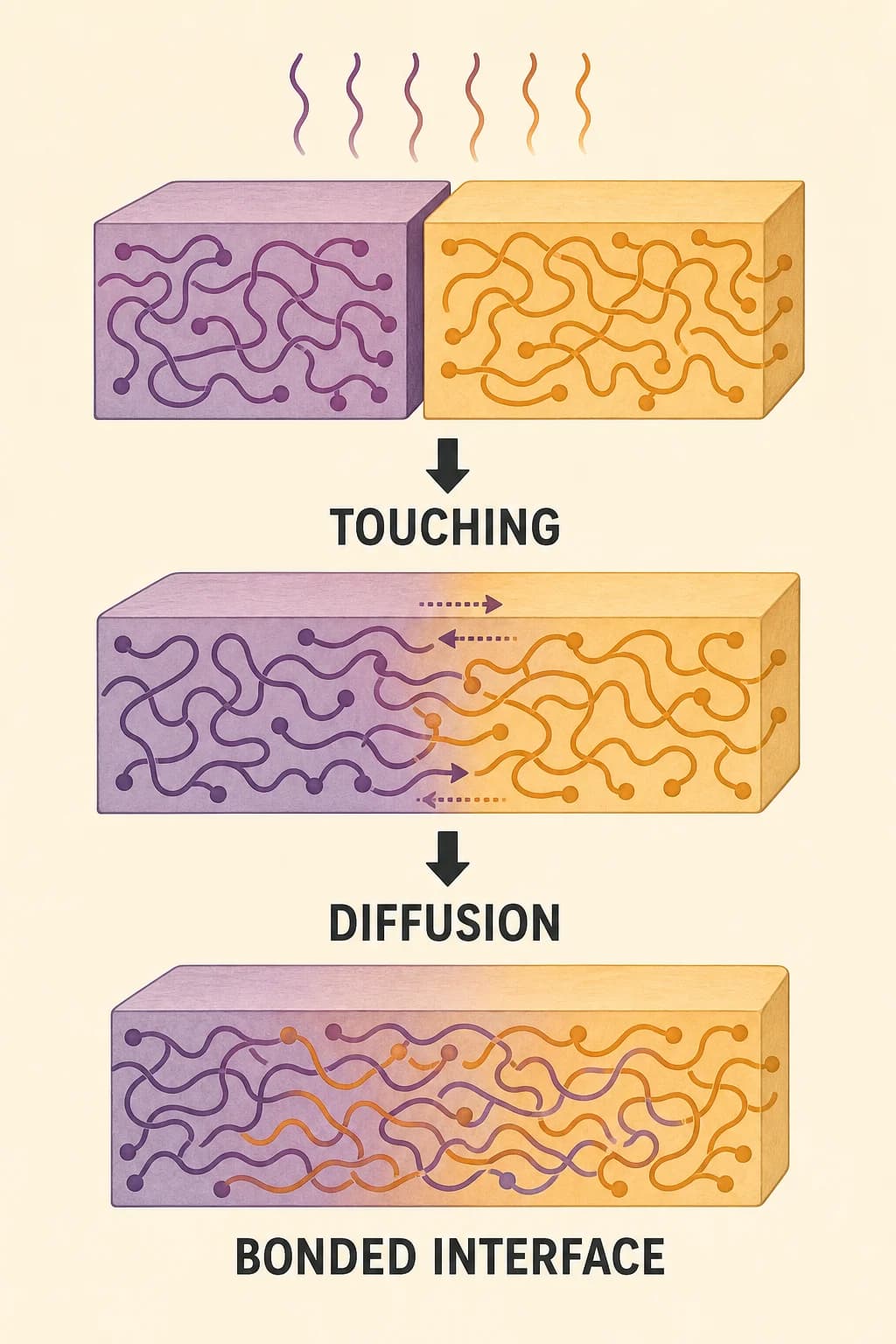Two adjacent polymer roads only become a strong part when heat and contact allow molecular diffusion across their interface.
