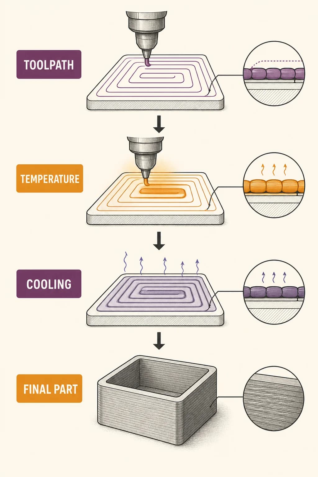 Layer height, nozzle path, temperature, cooling, and speed accumulate into visible surface texture, strength, and dimensional error.