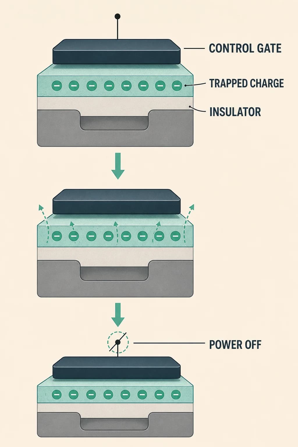 A flash-memory cell retains trapped charge with power removed because an insulating barrier slows its escape.