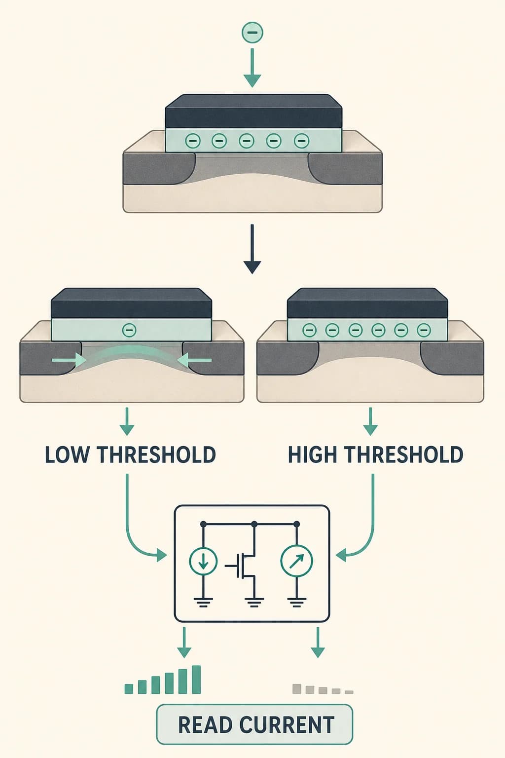 Stored charge shifts the transistor threshold voltage, so a read circuit distinguishes cell states by how readily current flows.