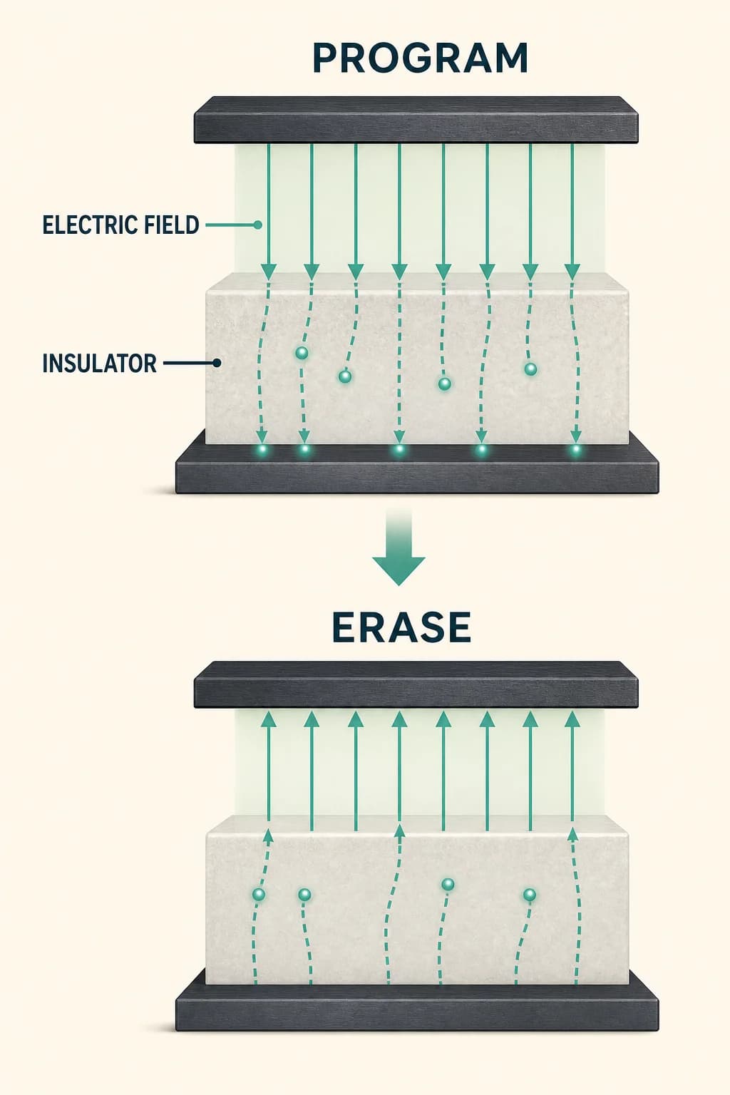 A strong electric field moves electrons through an insulating barrier during program and erase operations.
