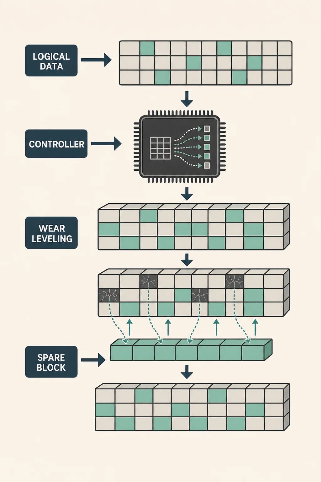 A controller spreads writes across blocks, replaces failing cells, and corrects errors so wear isn't concentrated in one place.