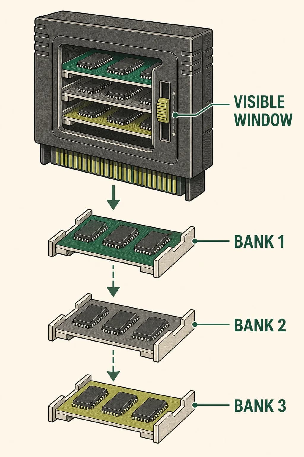 A small switchable ROM window exposes one selected bank at a time from a much larger cartridge, like sliding trays behind one opening.