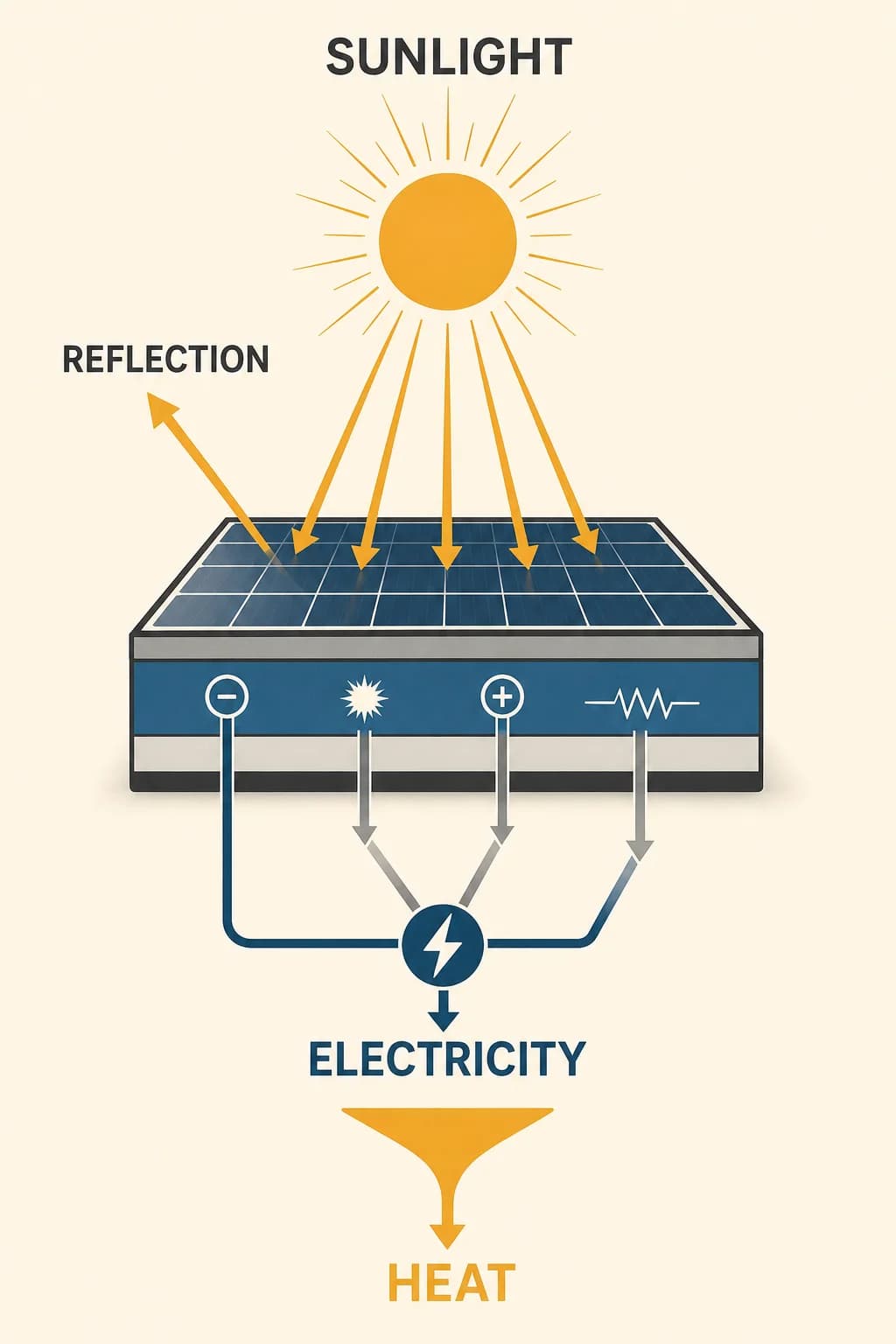 An energy-flow diagram divides incoming sunlight among reflection, electrical output, recombination, resistance, and heat.